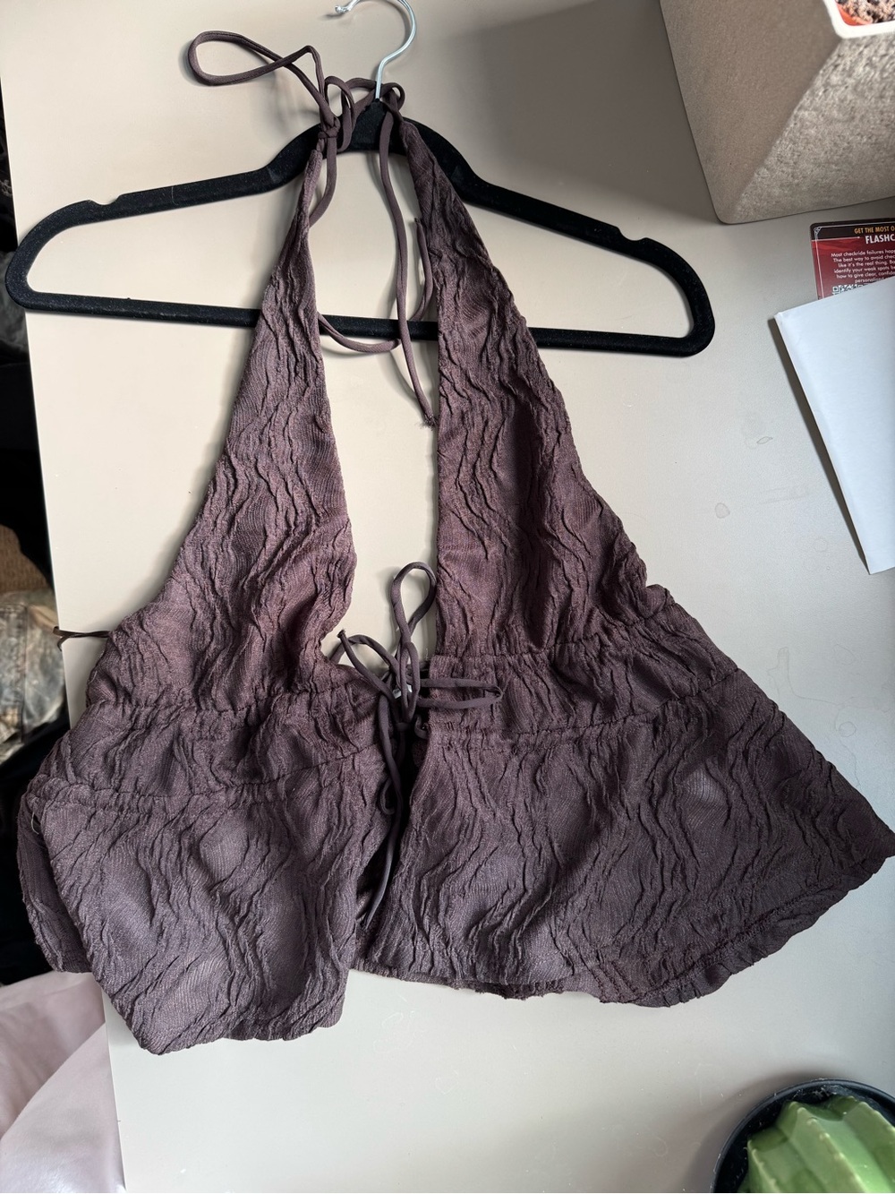 Zara Dark Brown Textured Halter Crop Top